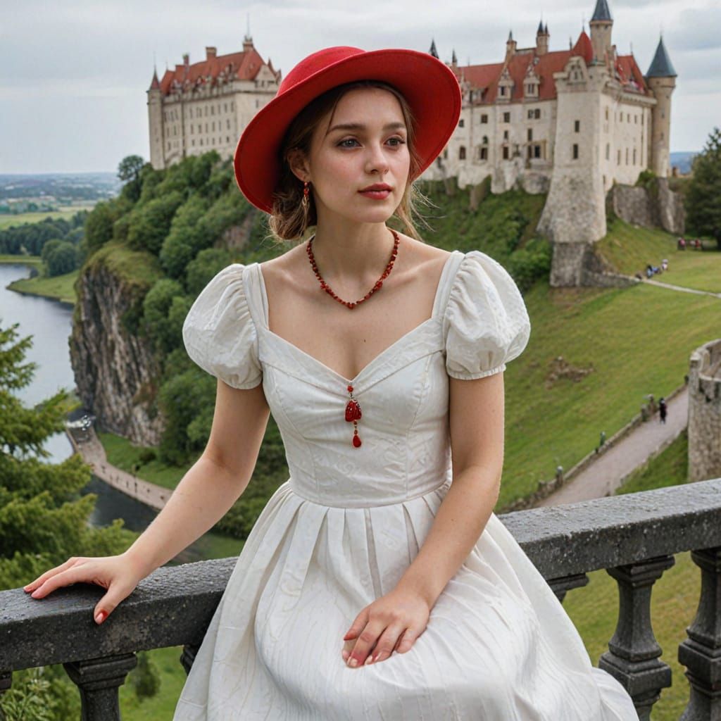 Regal Woman in Red Hat and Castle