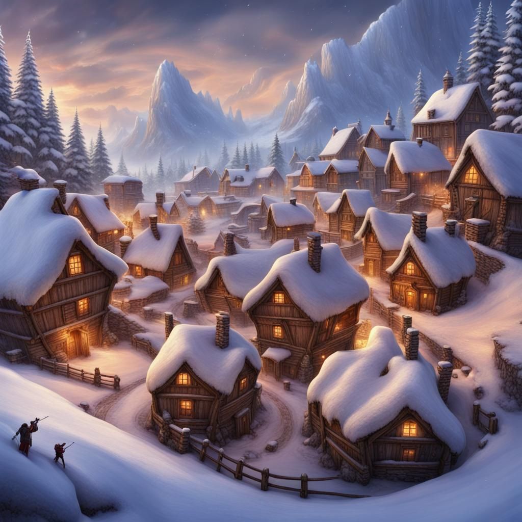 Snowy Fantasy Village with Wooden Houses