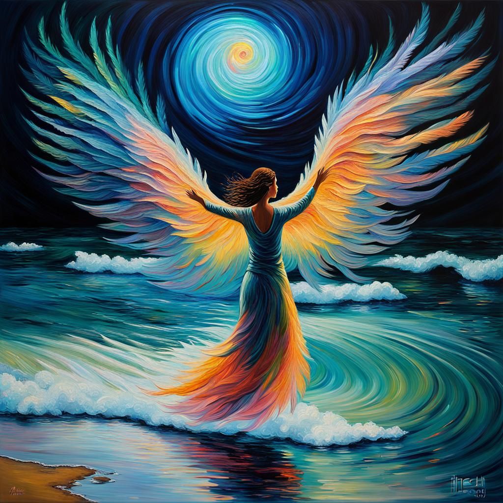 Woman in Flight with Neon Water Wings