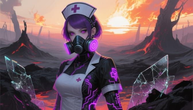 Cyberpunk Nurse in Dystopian Glitchcore Vaporwave Style