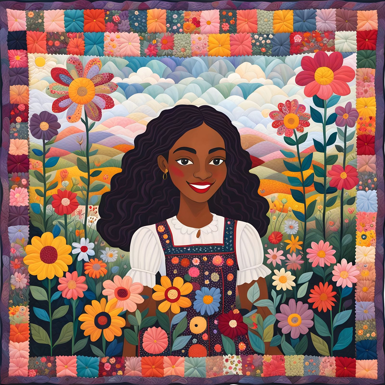 Happy Girl in Flower Meadow as Quilt Art