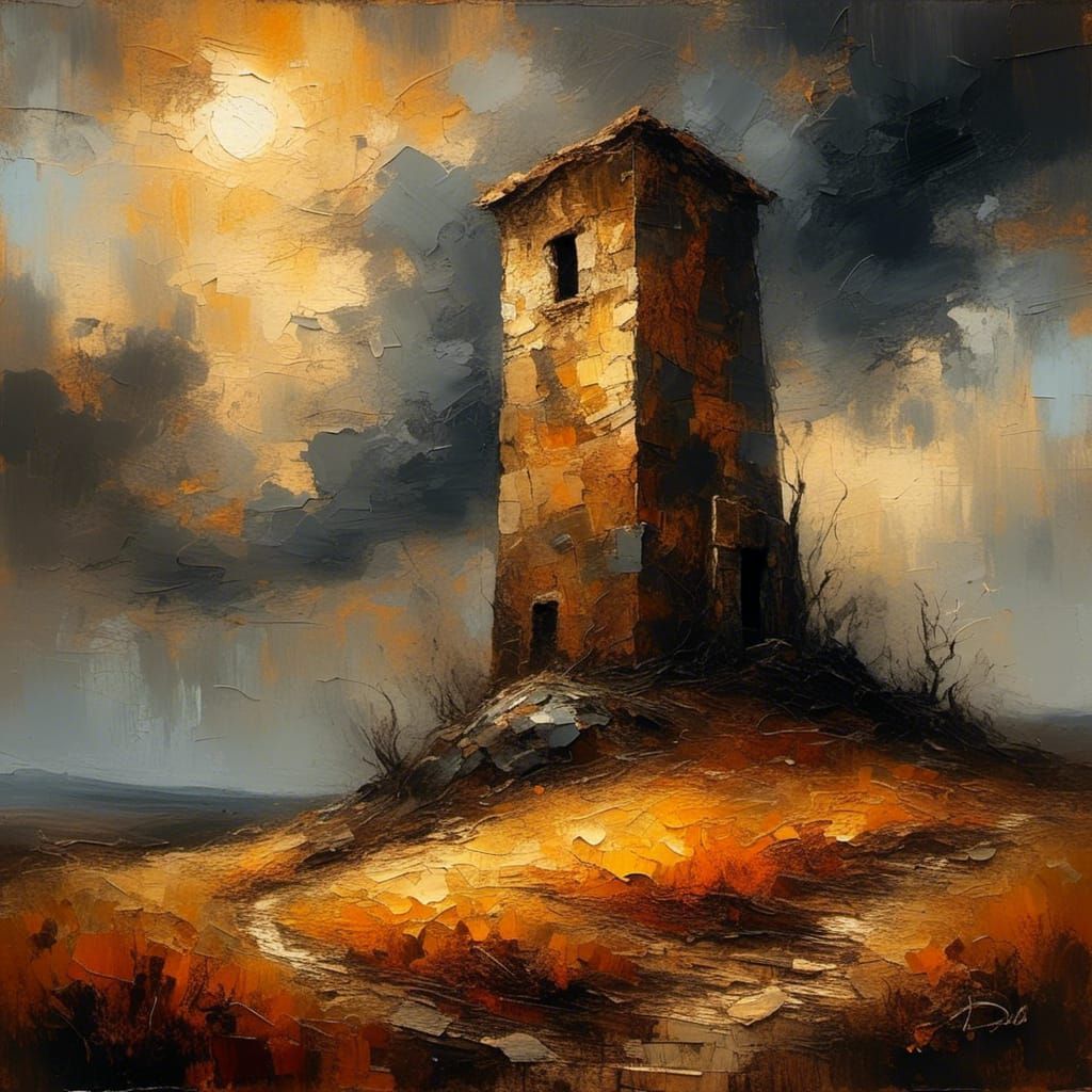 Stone Tower on Windswept Hill in Dramatic Landscape Painting