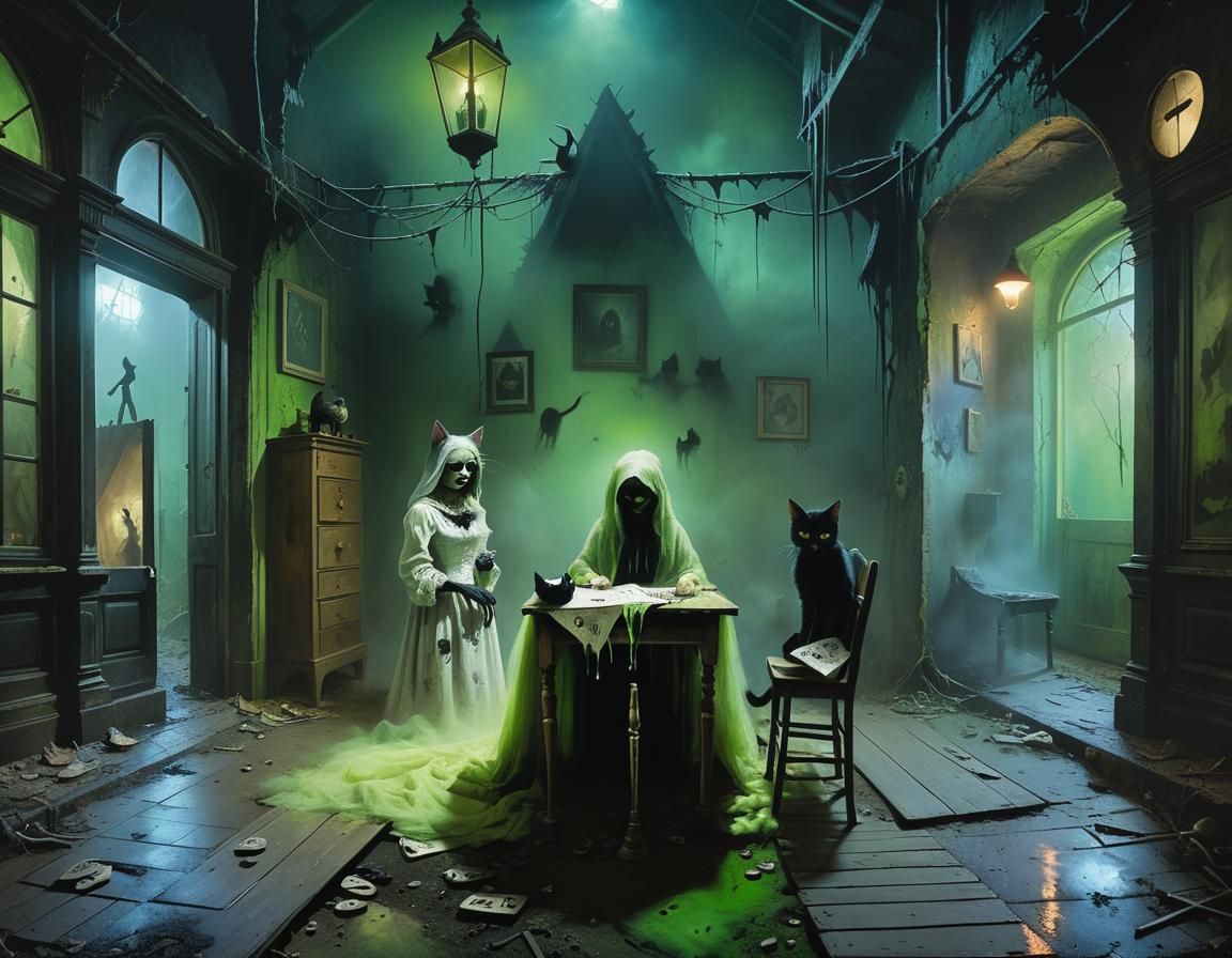 Surreal Haunted Village with Shadow Ghosts
