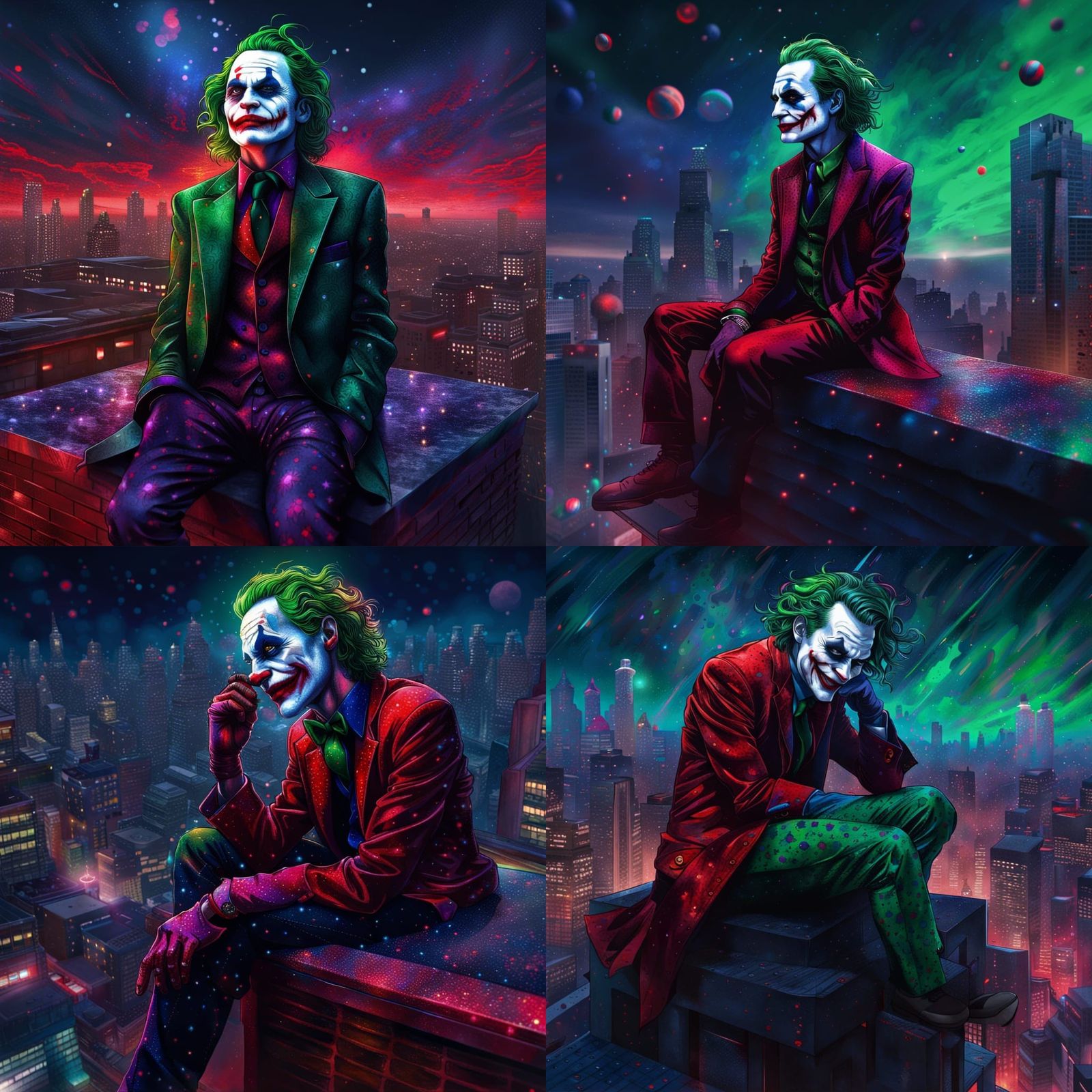 Hyperrealistic Joker on Rooftop in Mixed Media Style