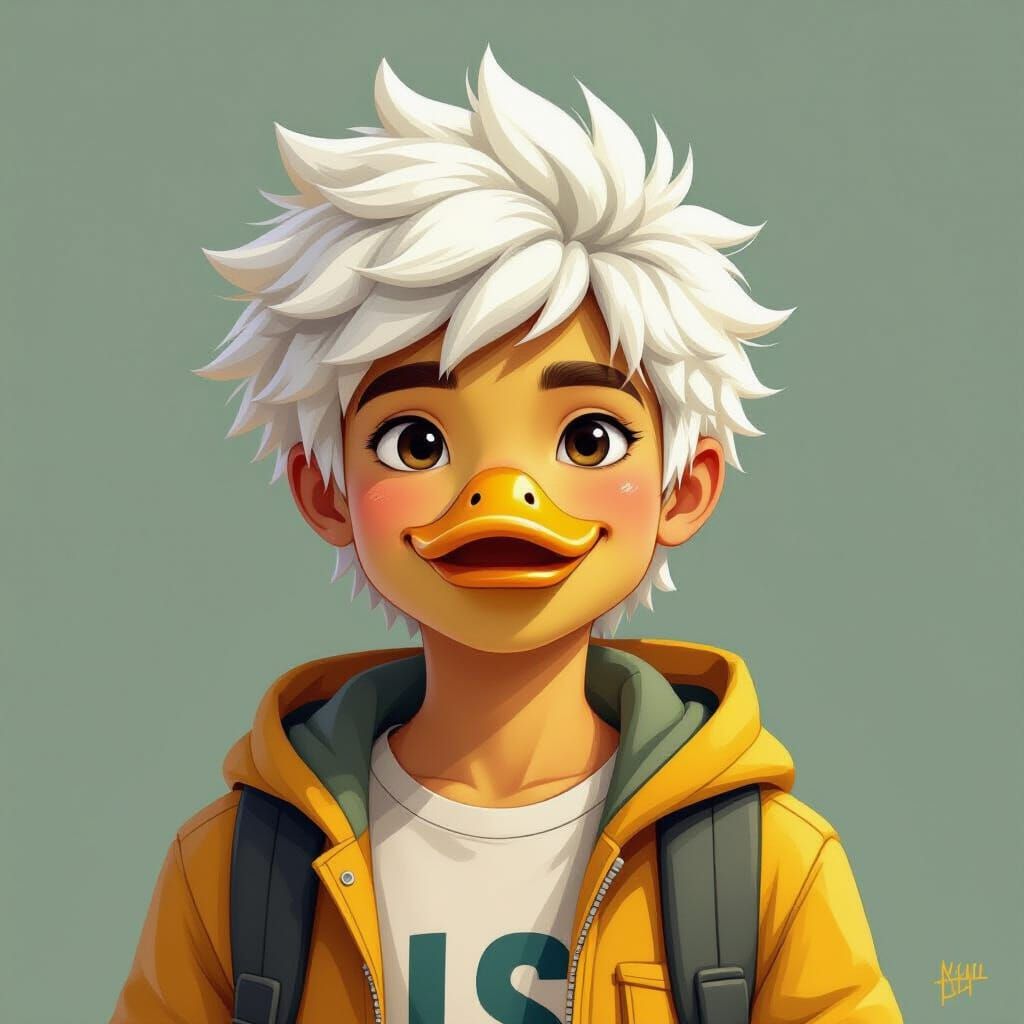 Pre-Teen Boy with Duck Bill and Fluffy White Hair