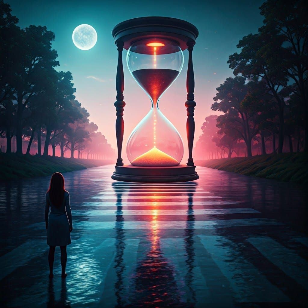 Surreal Hourglass Over River, Dreamlike Sci-Fi Art