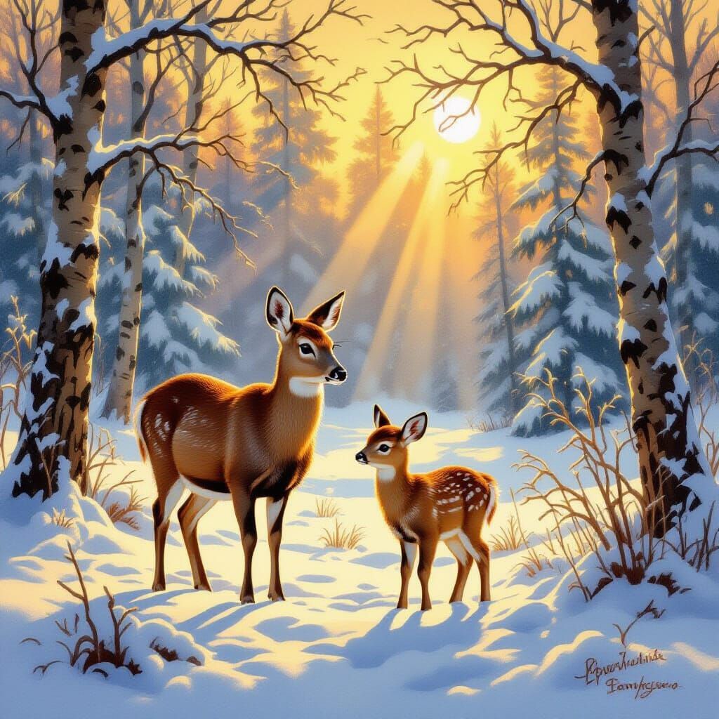 Doe and Fawn in Sunlit Winter Clearing