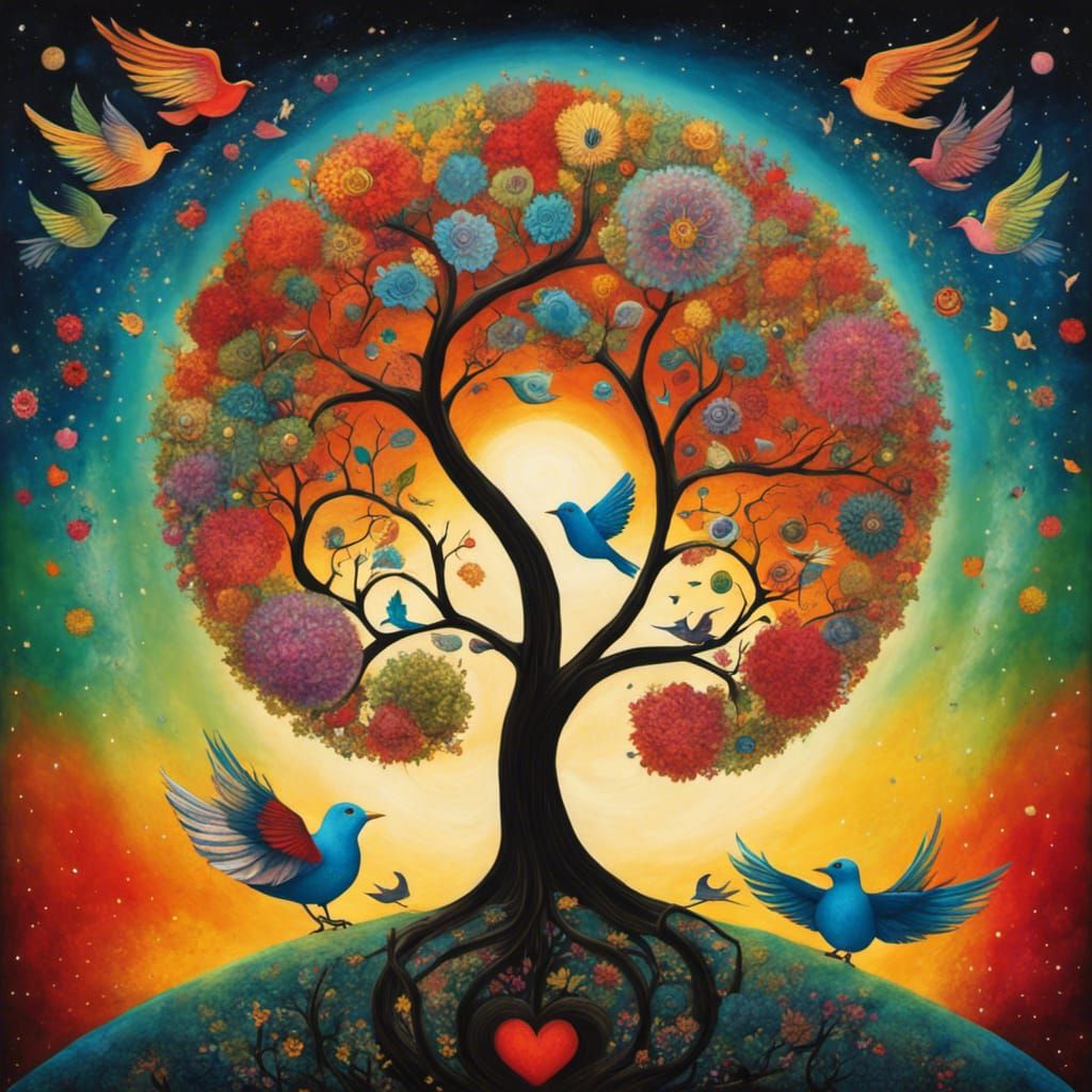 Tree of Life with Doves in Art Brut Style
