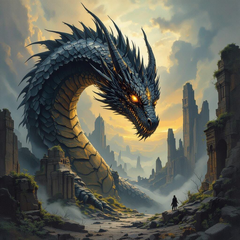 Ancient Dragon Guards Sky-City Ruins in Dramatic Oil Paintin...