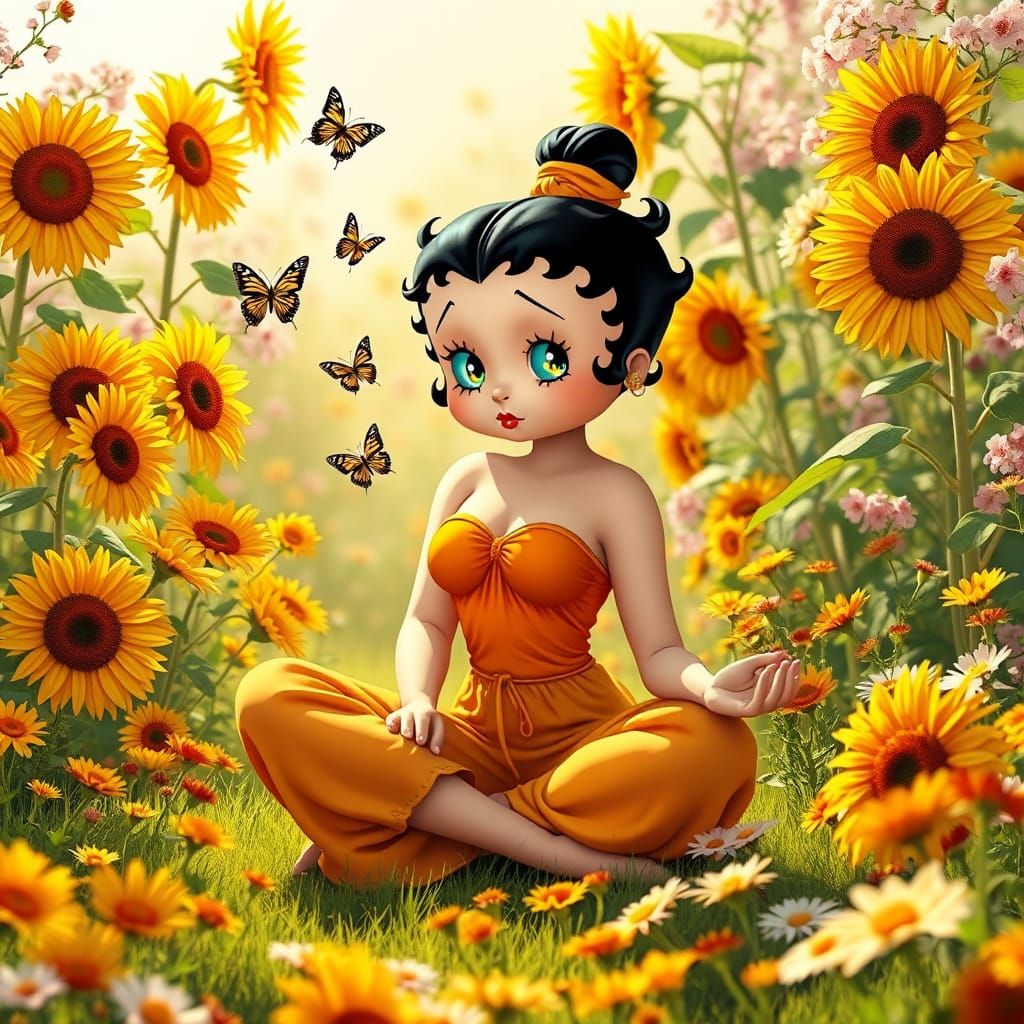 Betty Boop in a Whimsical Floral Garden