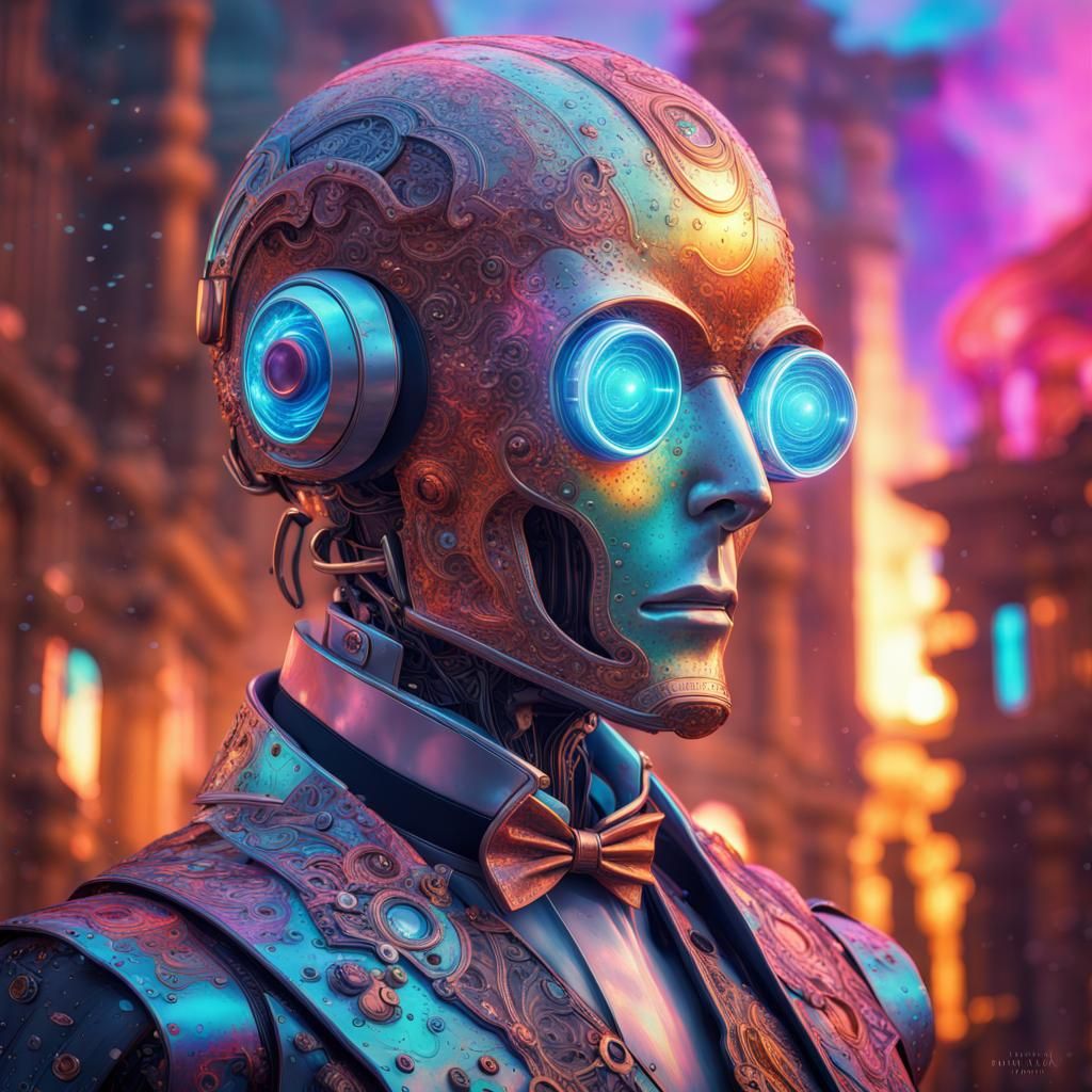 Rococo Robot Butler in Cyberpunk Cinematic Style