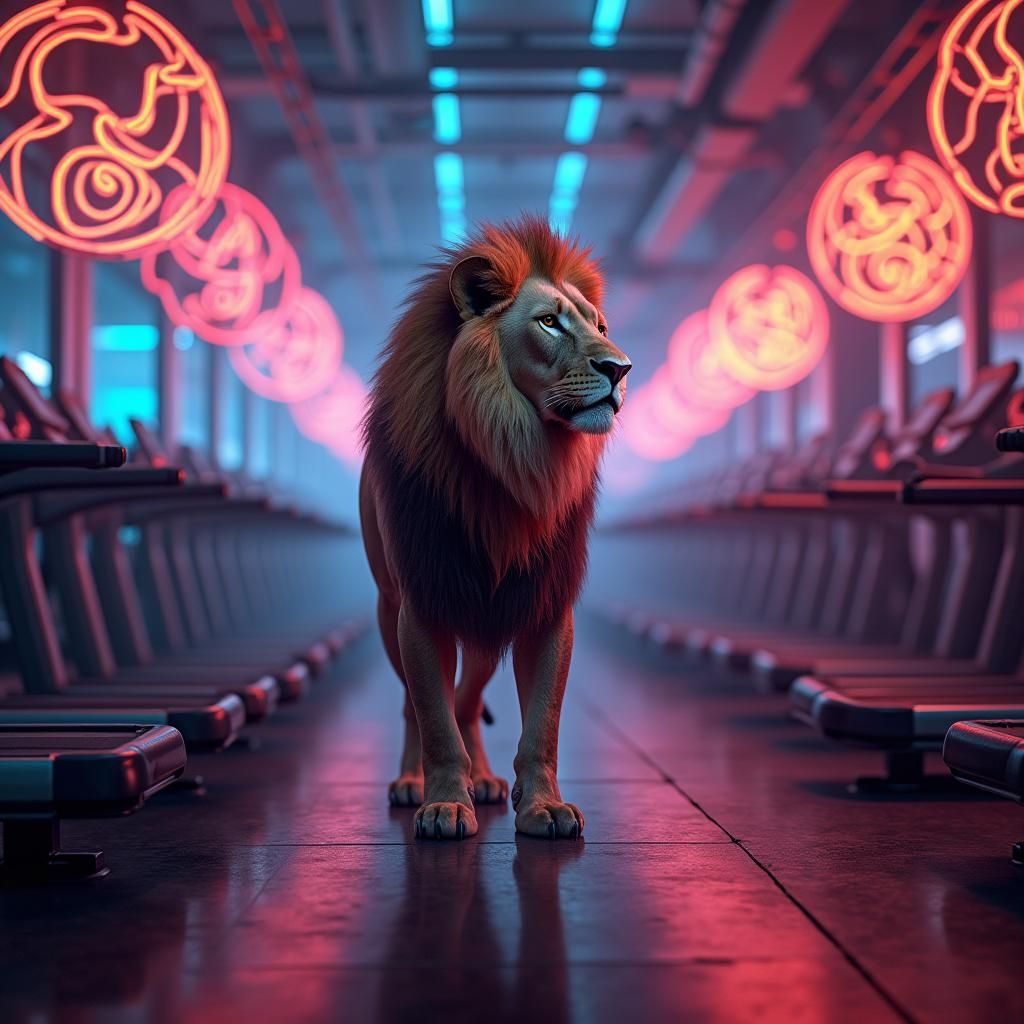 Lion in Futuristic Gym: Fantasy Concept Art