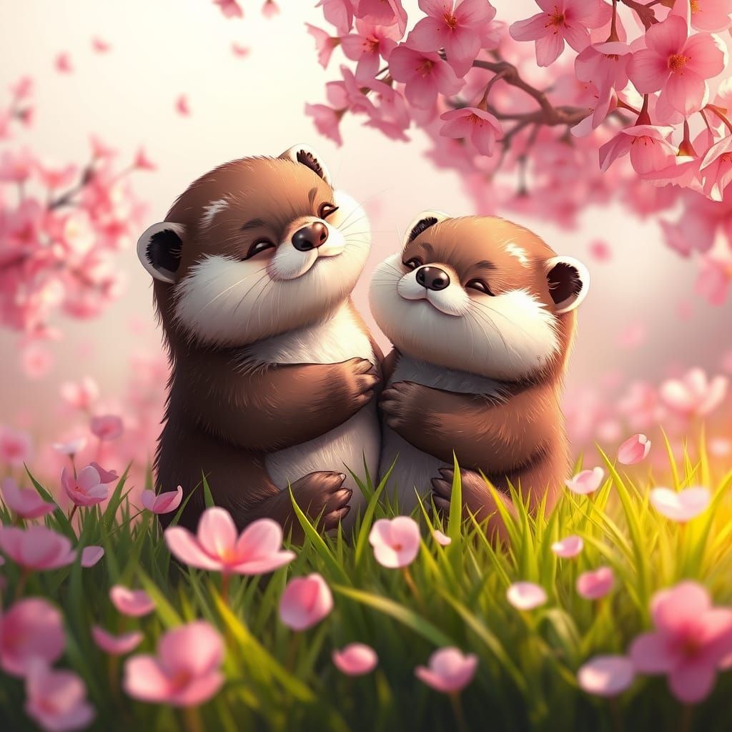 Chibi Otters in Vibrant Cherry Blossom Field