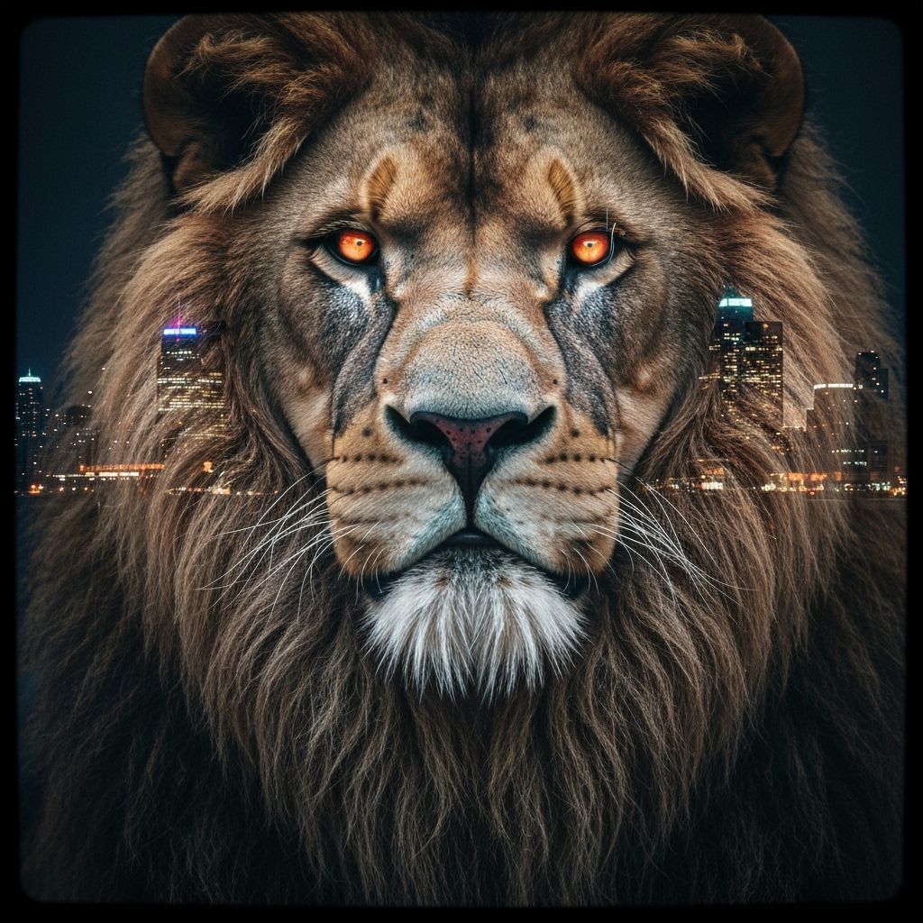 Lion and Cityscape Double Exposure in Cinematic Style