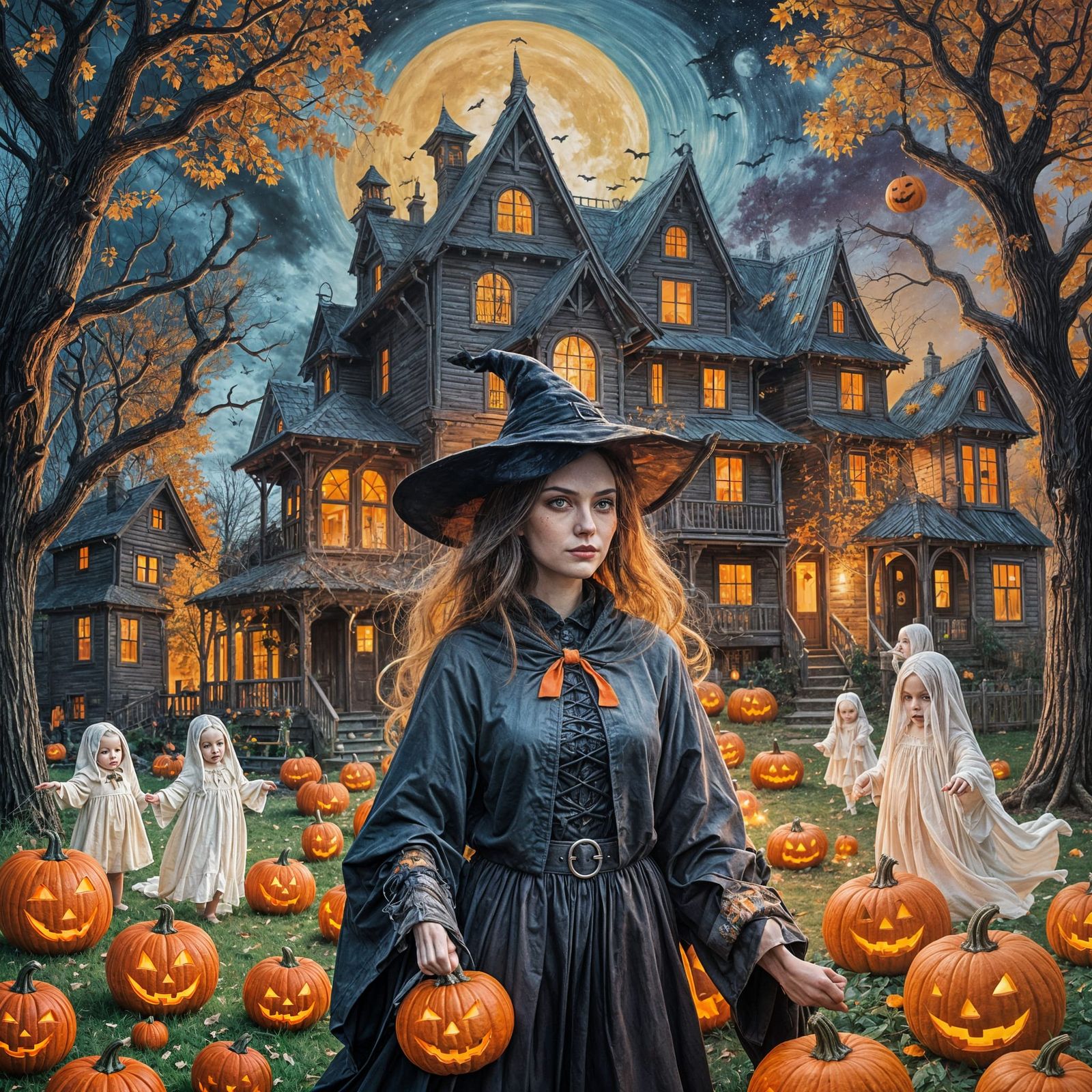 Halloween Scene with Witchy House, Pumpkins, Ghosts