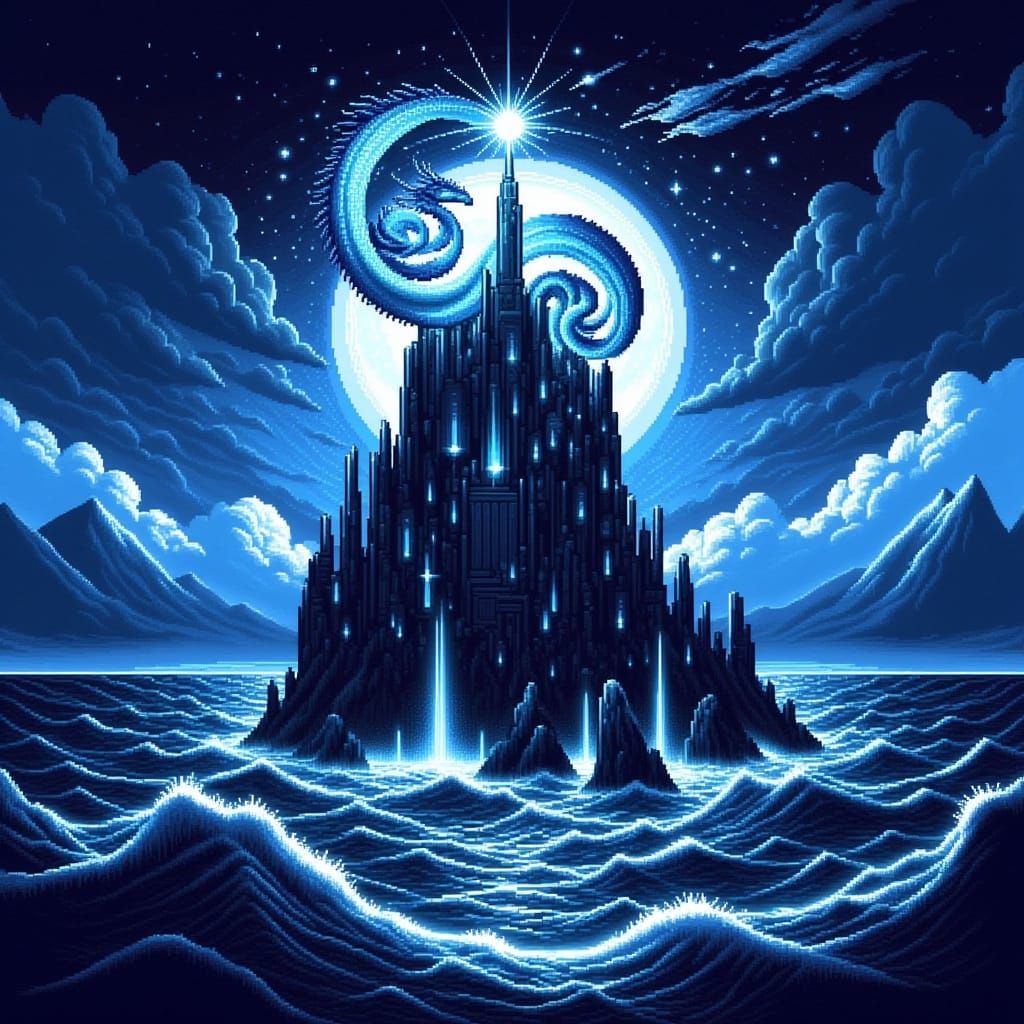 Spectral Dragon Guards Crystalline Fortress in Pixel Art Sty...