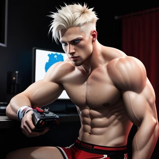 Muscular platinum blond man