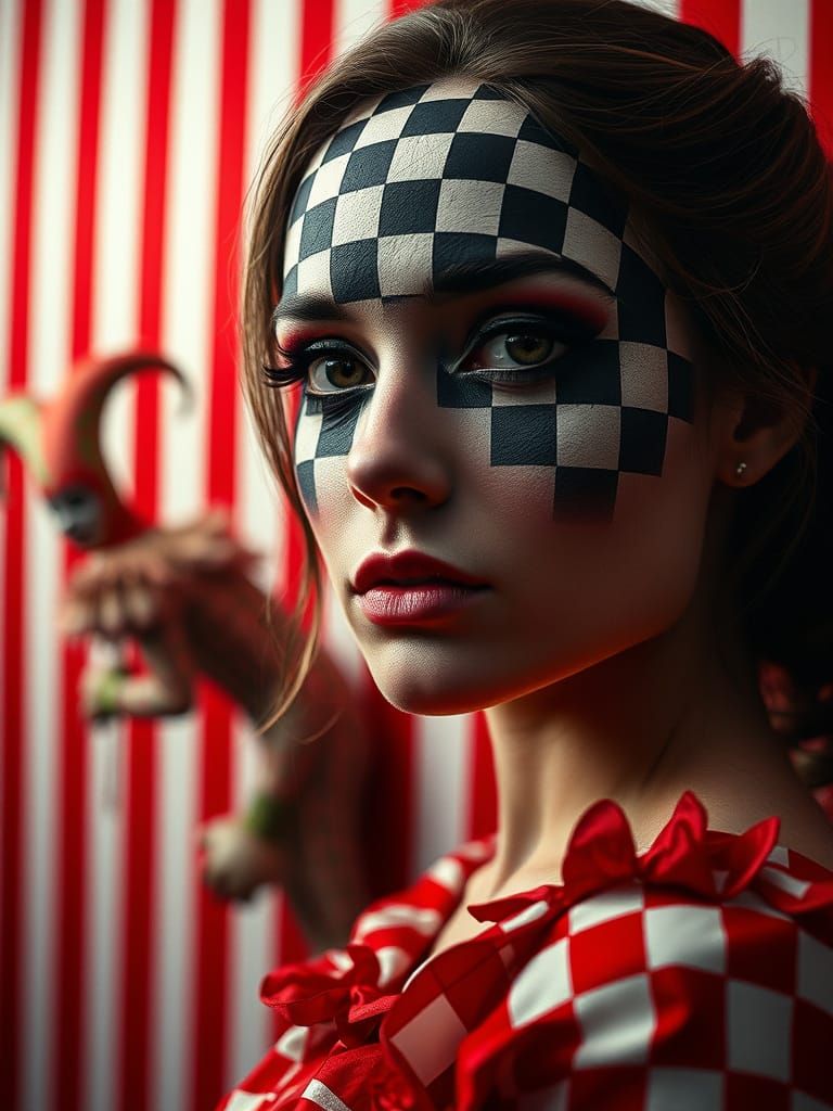 Striking Woman with Checkerboard Face in Photorealistic Styl...