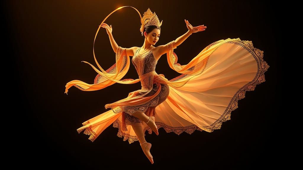 Thai Dancer Suspended in Mid-Air with Dynamic Fractal Motion
