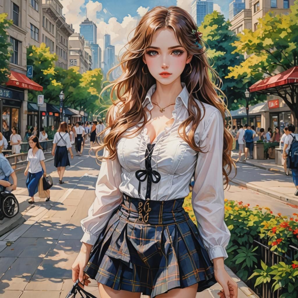 Anime Illustration: Beautiful Woman in City Park