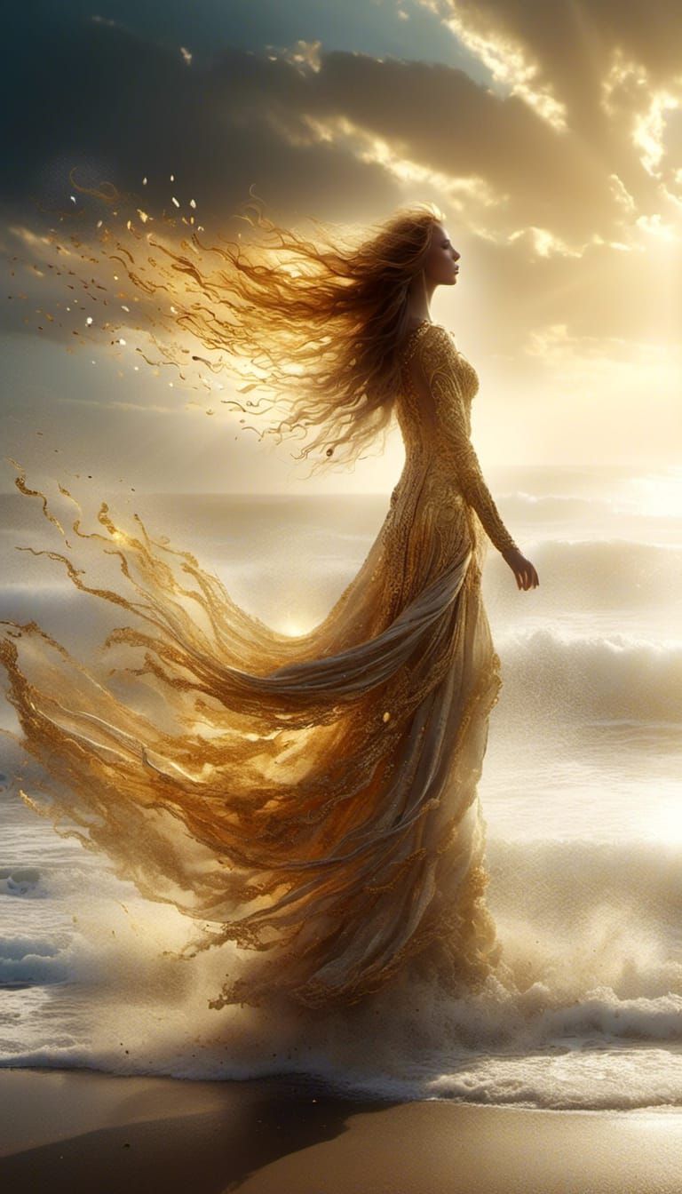 Woman on Beach in Golden Dress: Fantasy Art