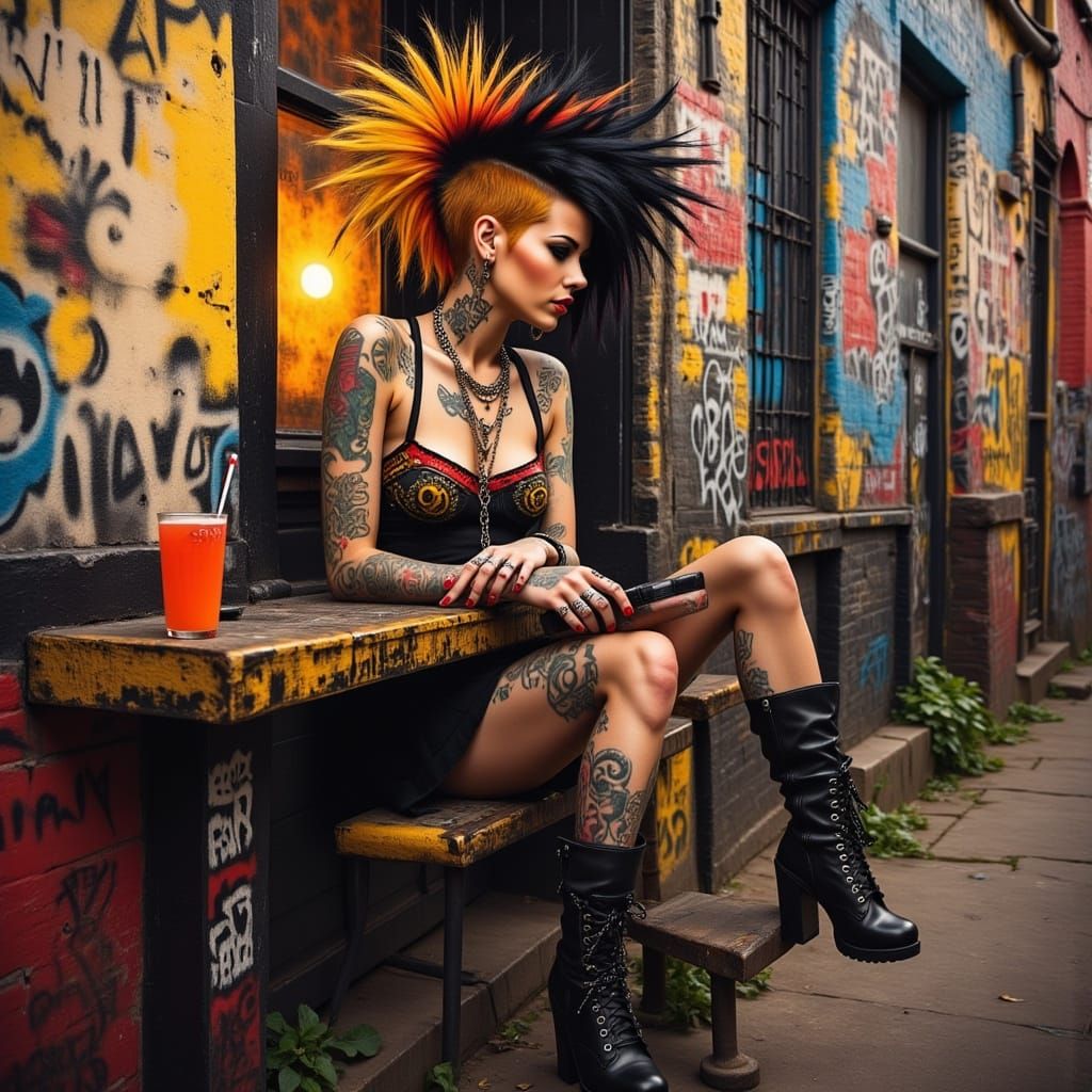 Punk Woman at Bar, Expressive Oil Painting Style