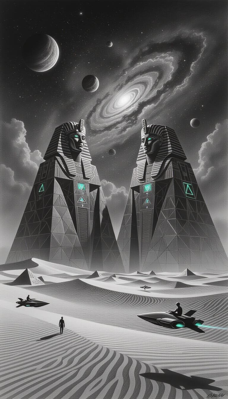 Alien Landscape with Colossal Deities in Charcoal Style