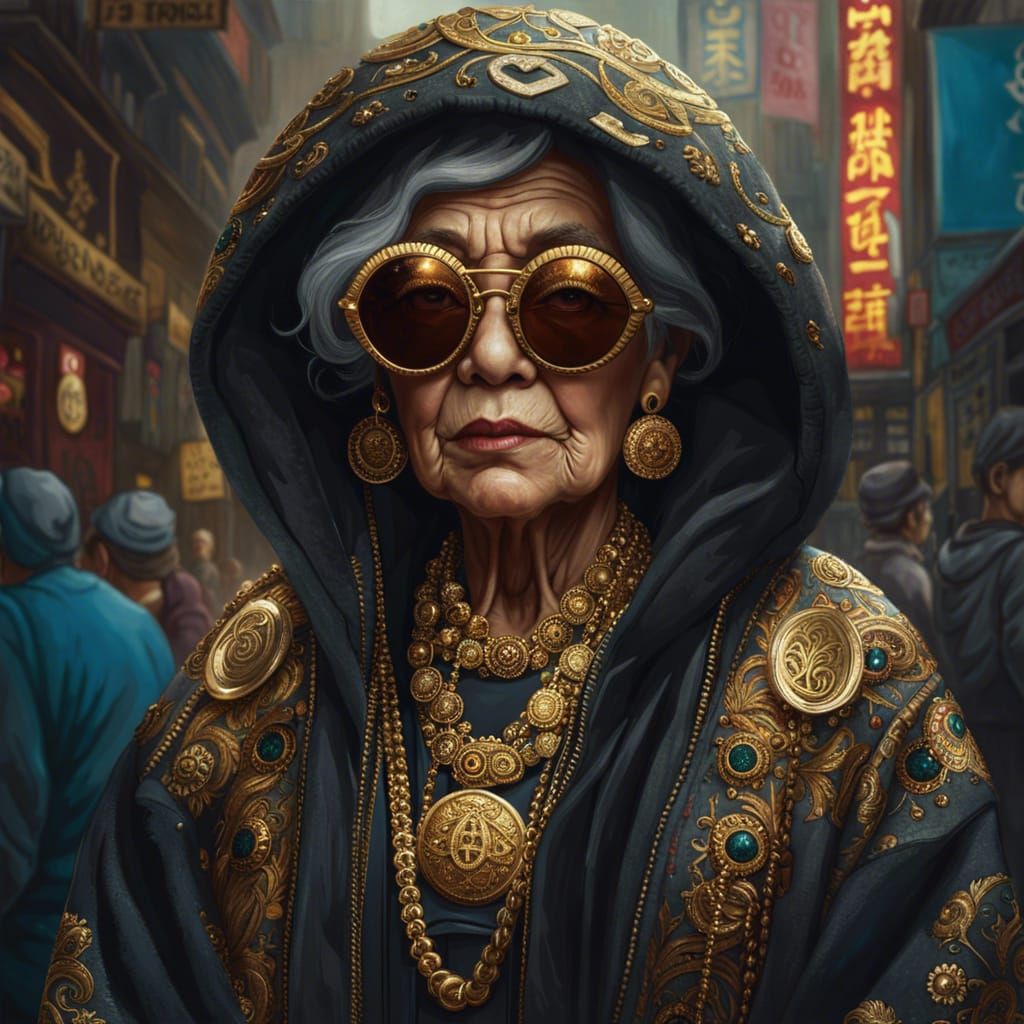 Old Woman in Hip Hop Style, Hyperdetailed Portrait