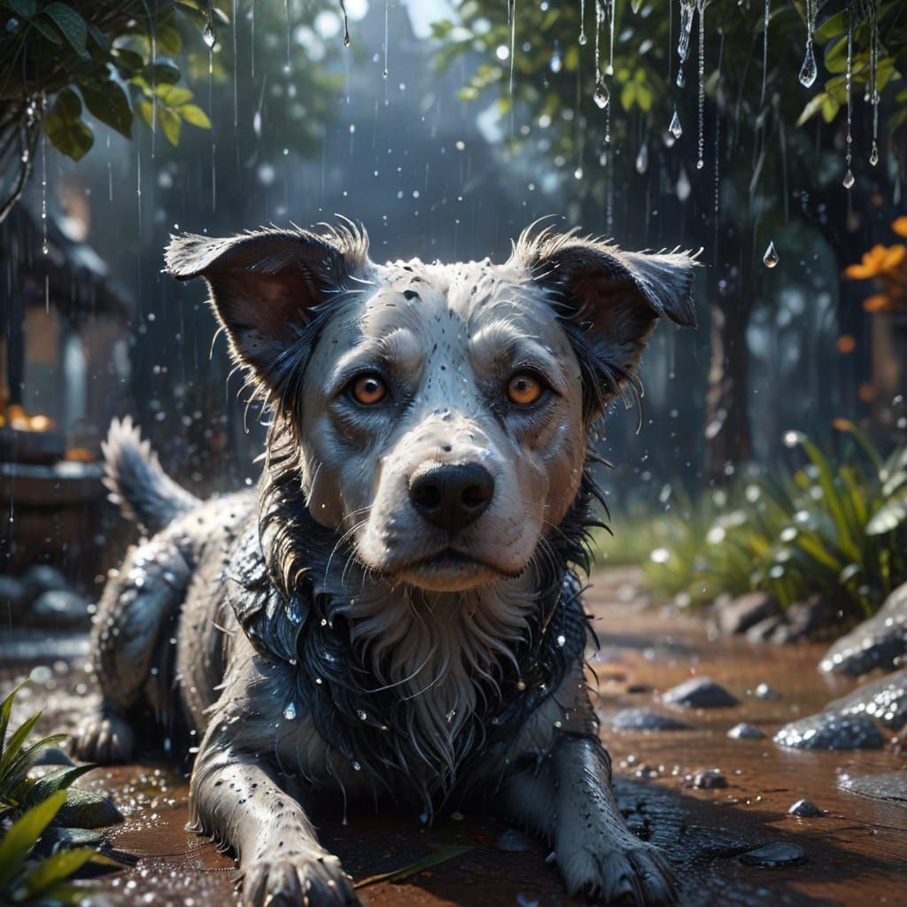 Fantastical Canine Contemplates Glistening Raindrops in a Vi...