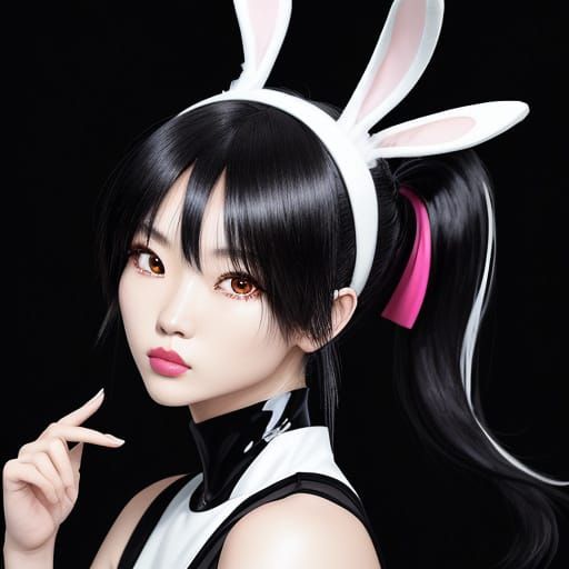 Cute Anime Bunny Girl with Glossy Ponytail and Black Backgro...