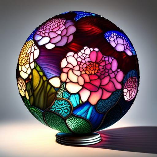 Radiant Stained Glass Sphere of Peonies