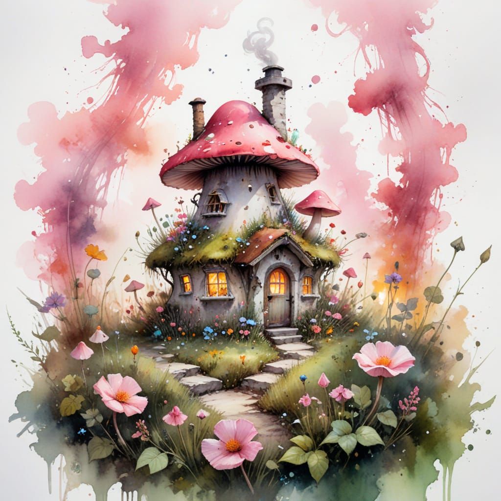 Whimsical Fairy Mushroom House in Wildflower Meadow
