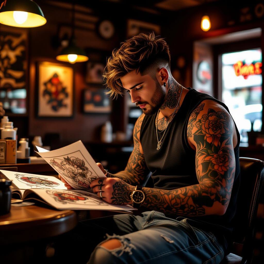 Tattoo Artist Studying Designs in Cozy Parlor