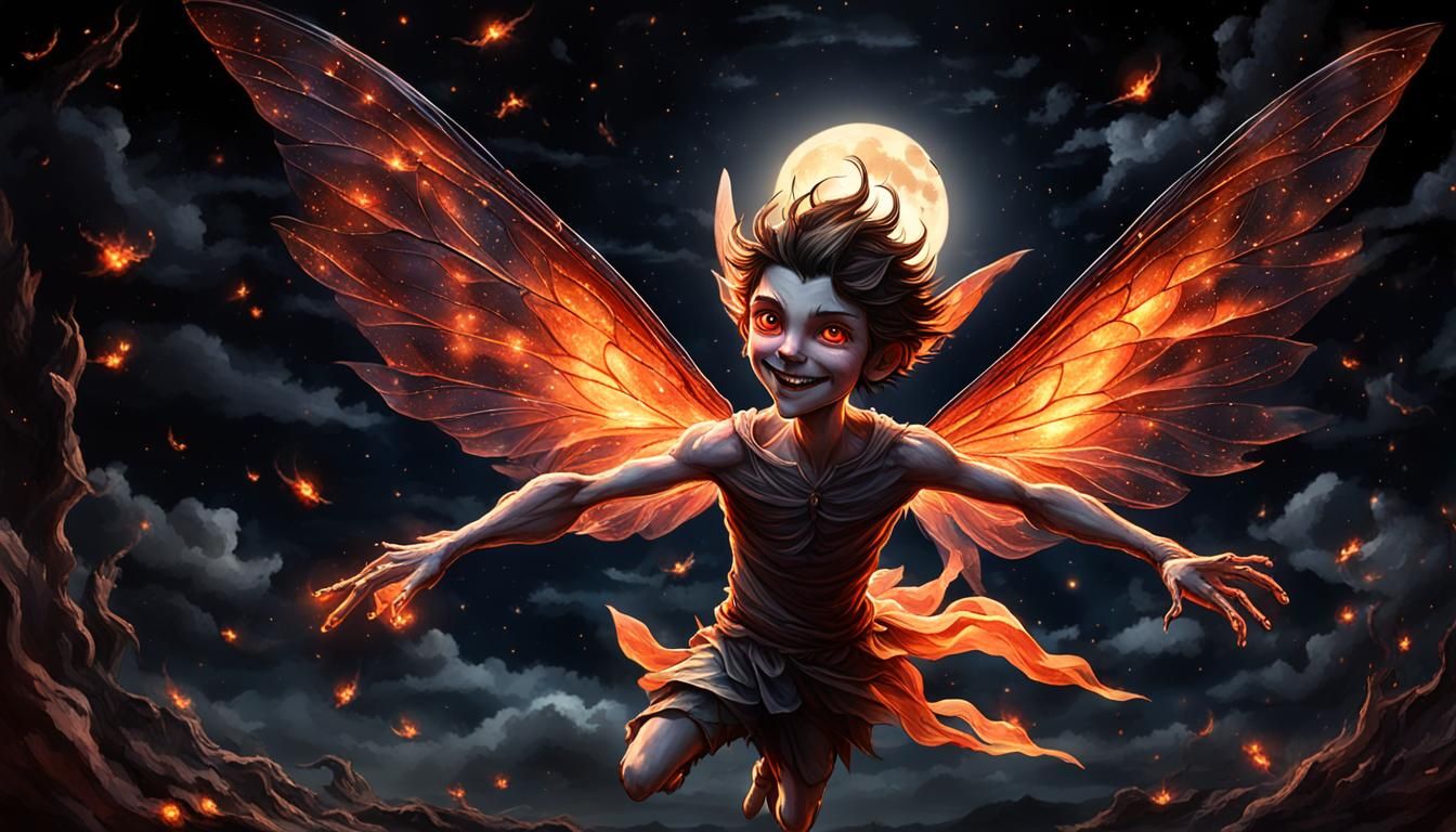 Mischievous Fairy Beckons in Moonlit Night