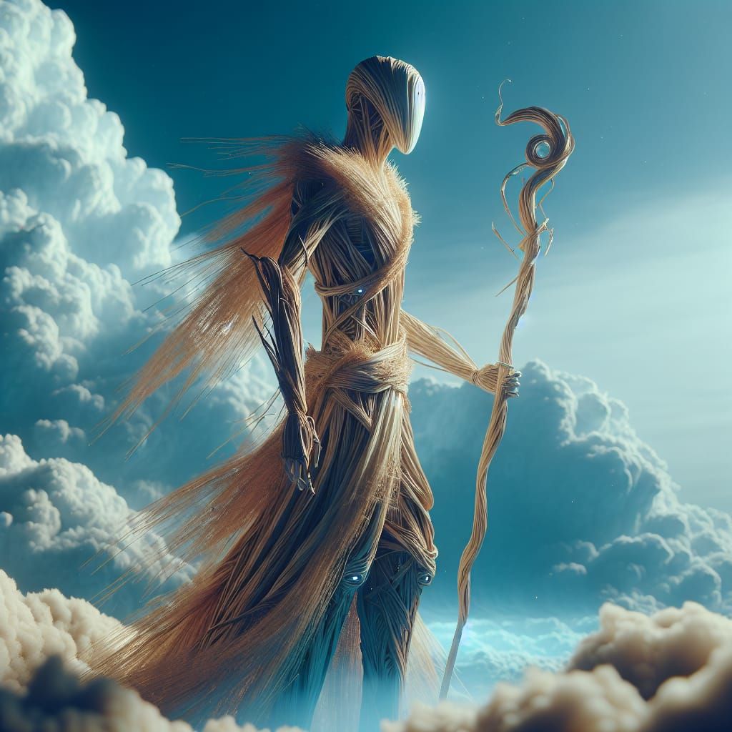 Surreal Straw Being Stands on Clouds with Staff in Fantasy A...