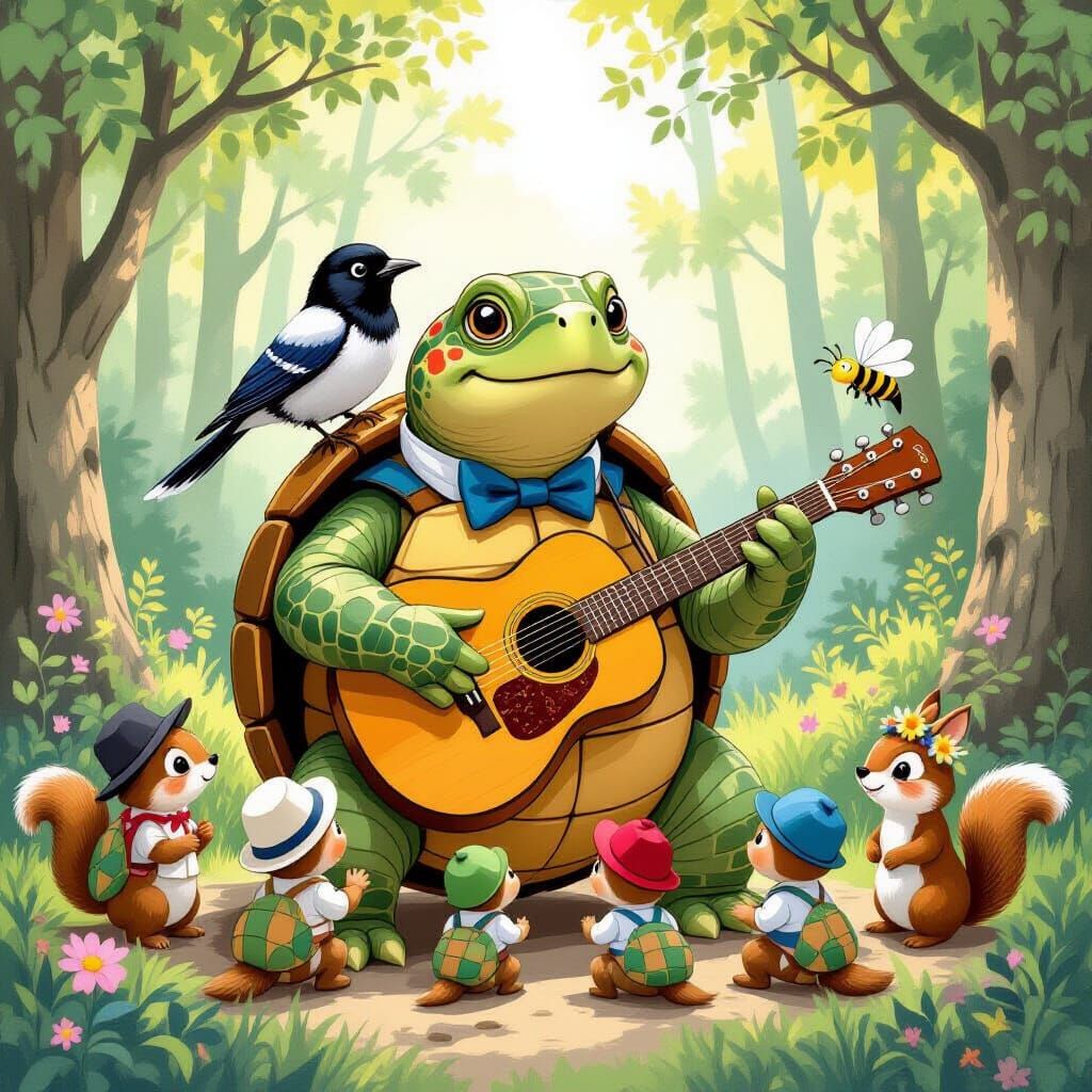 Turtle Guitar Lesson in Whimsical Style