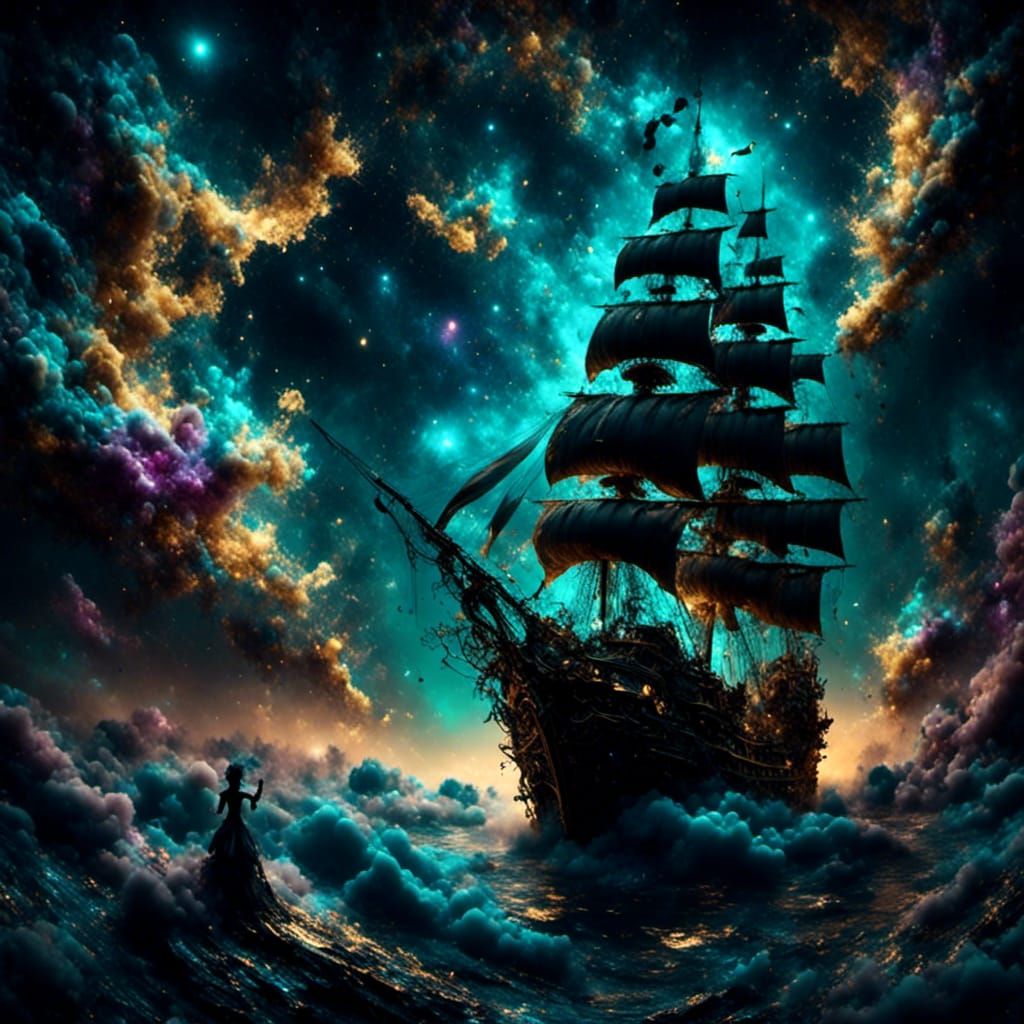 Bioluminescent Pirate Ship Flying in Midnight Sky