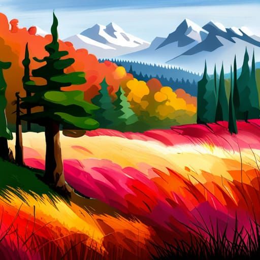 Four Seasons Landscape: Pink Woods and Snowy Hills