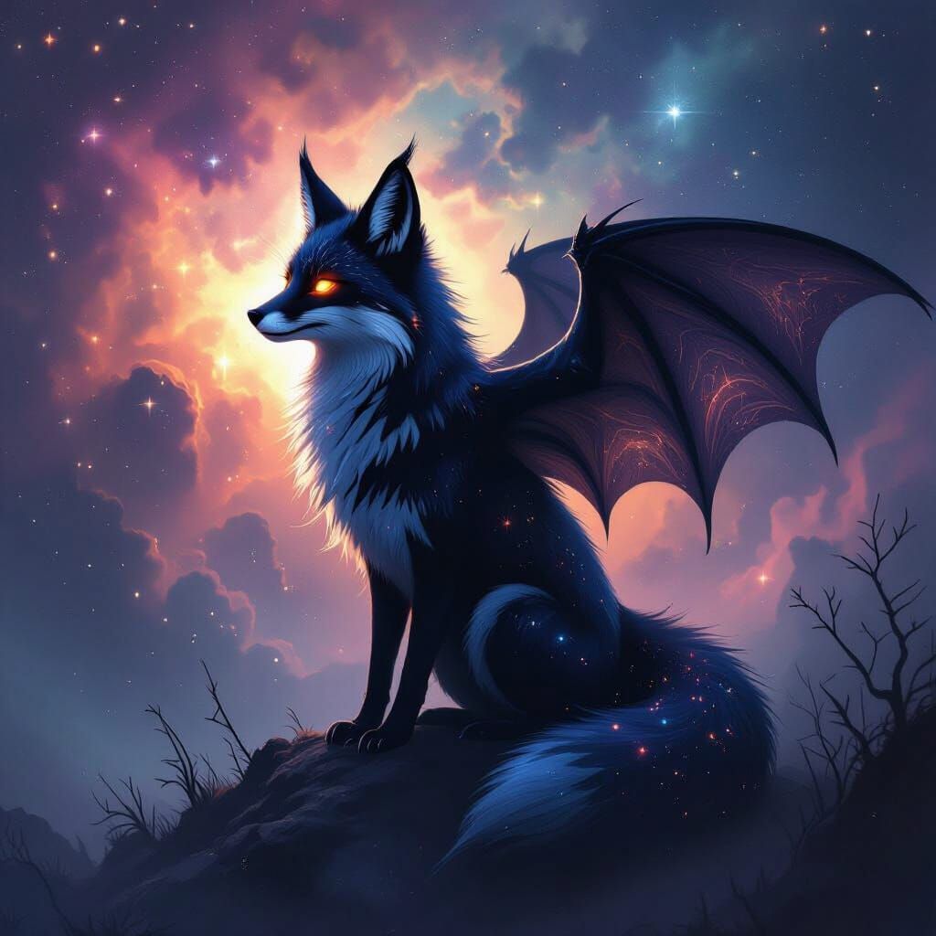 Mystical Fox Bat Silhouette in Cosmic Nebula