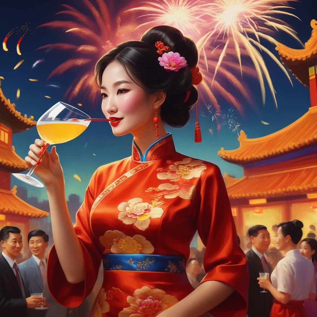 Snake in Traditional Chinese Dress at a Vibrant Party with F...