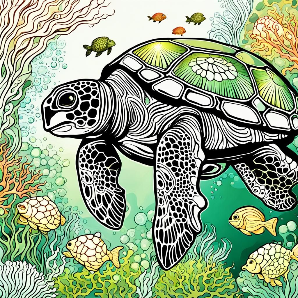 Green and Yellow Sea Turtle in Coral Reef