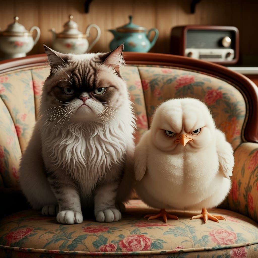 Grumpy Cat and Chick on Vintage Sofa