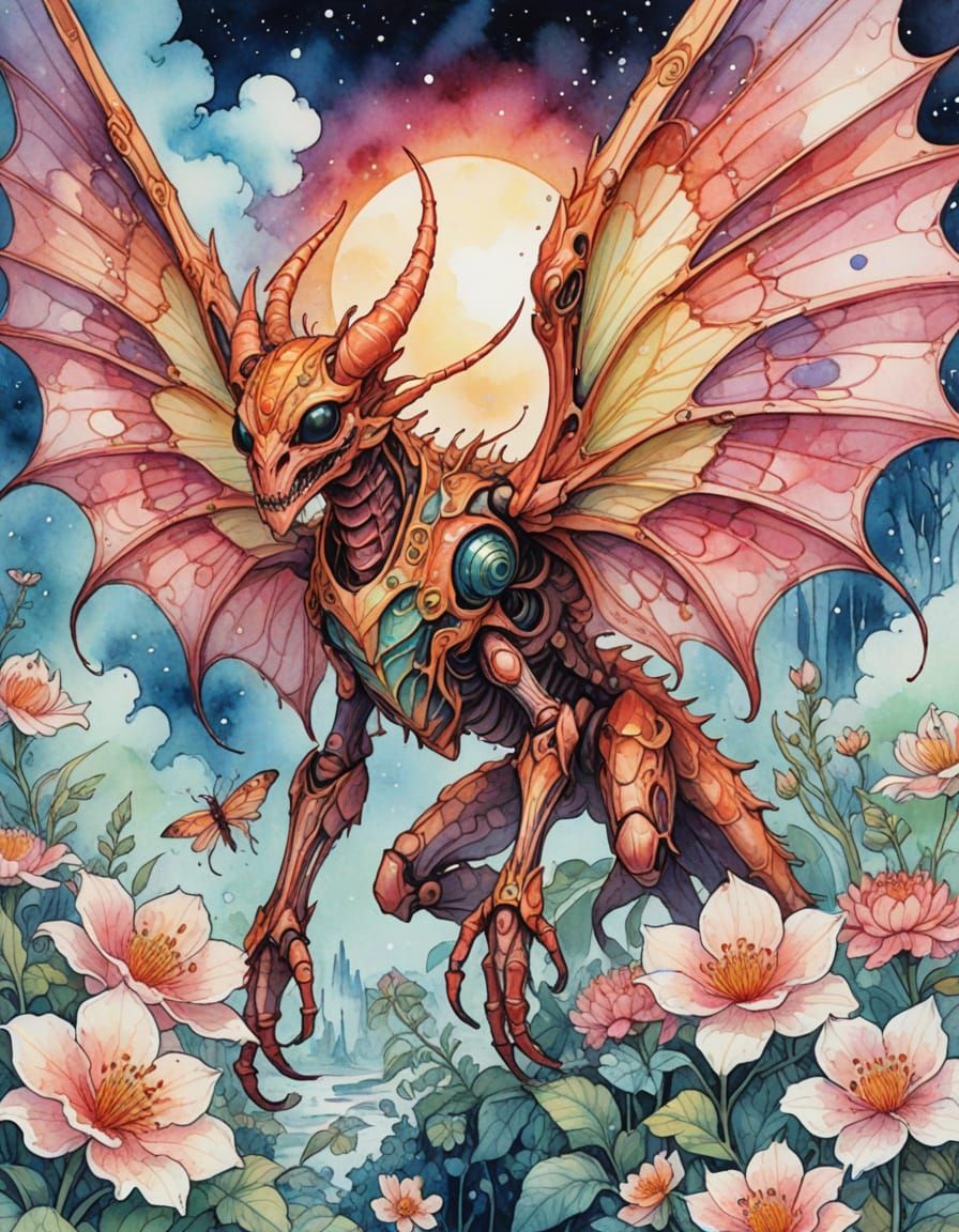 Majestic Insectoid Demon in Manga Style Watercolor