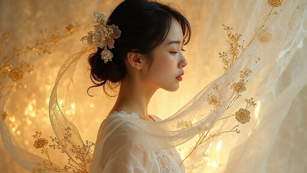 Ethereal Asian Woman in Diaphanous Nightshirt with Encaustic...