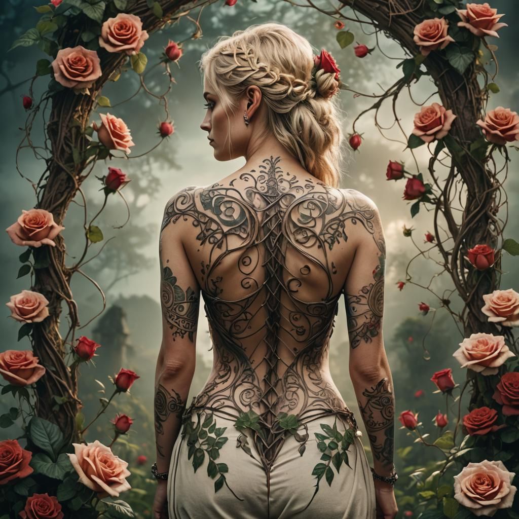 Ornate Fairy Tattoo on Blonde Woman's Back