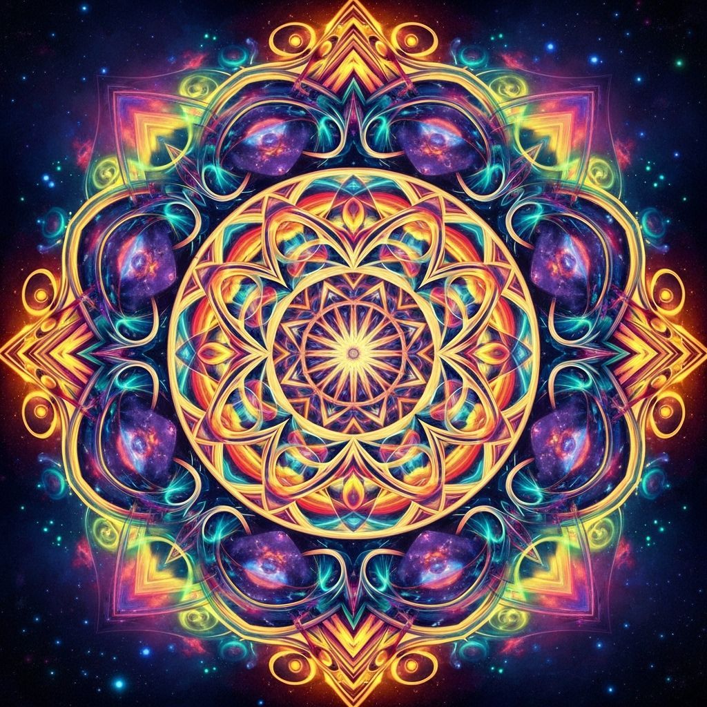 Vibrant Cosmic Mandala of Interwoven Geometric Patterns