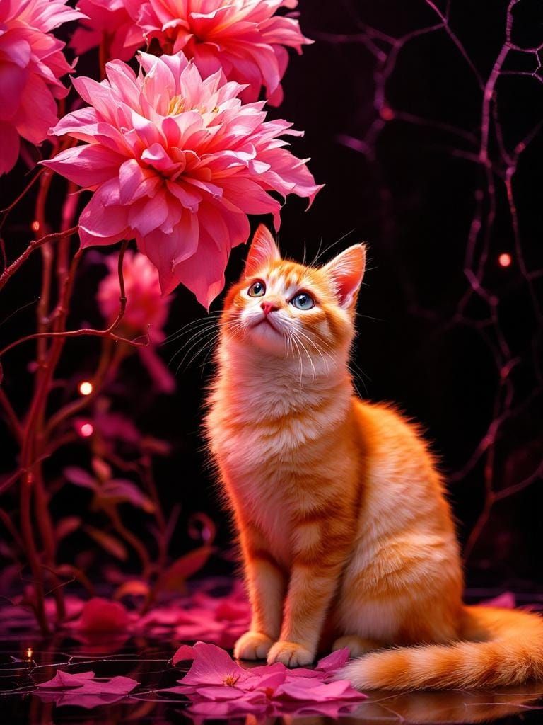Hyperrealistic Cat Under Flower in Barbiecore Style