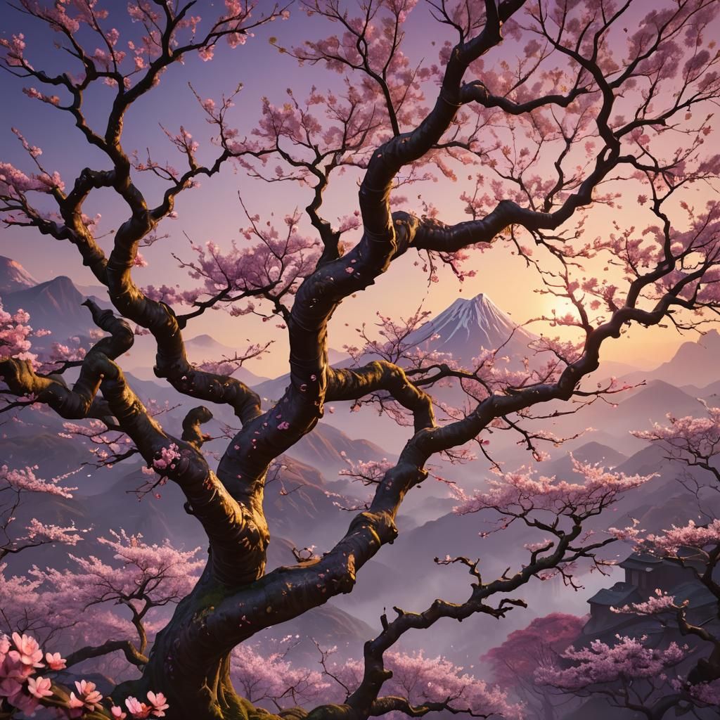 Japanese Cherry Blossom Sunset in Fantasy Matte Painting