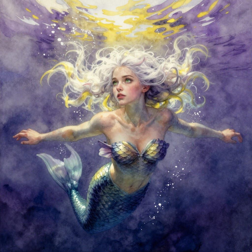 Watercolor Mermaid Swimming in Deep Colors