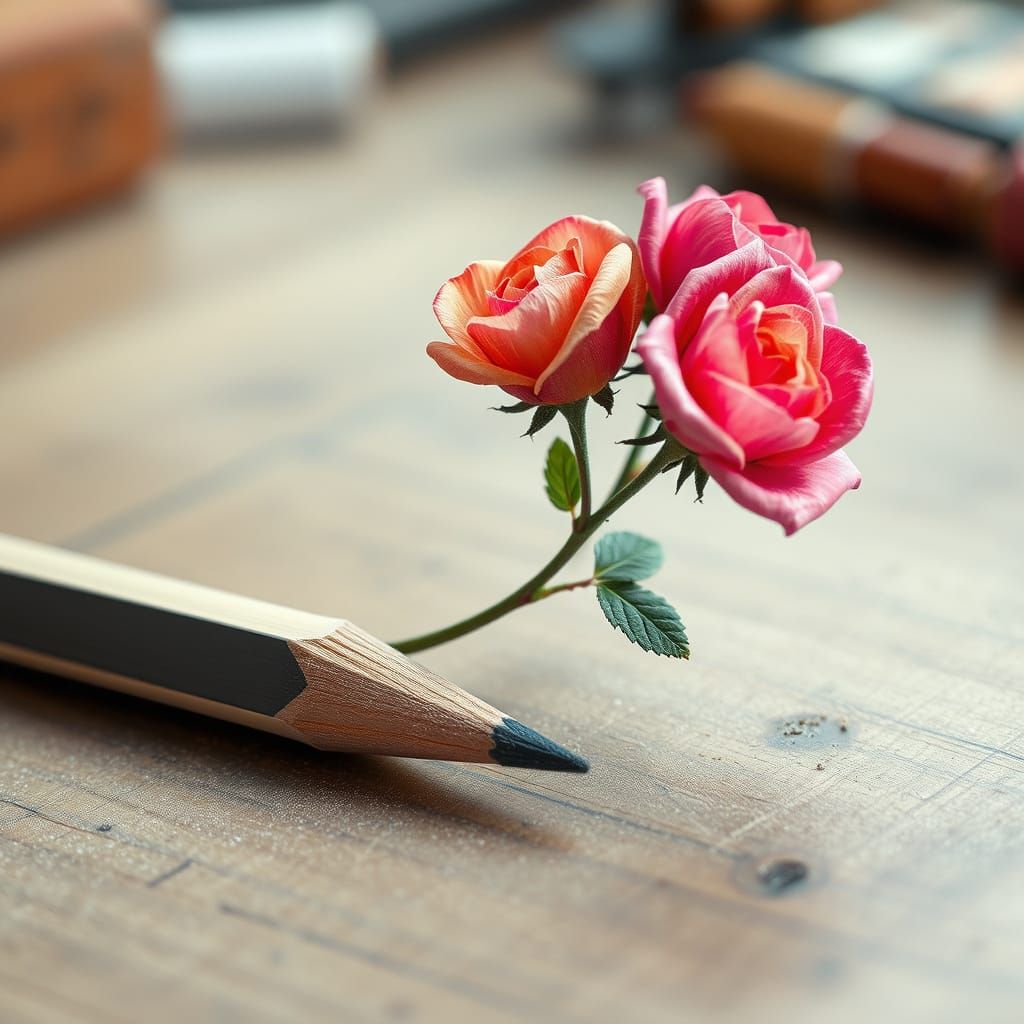 Pencil Unfurls into Blooming Roses on Desk
